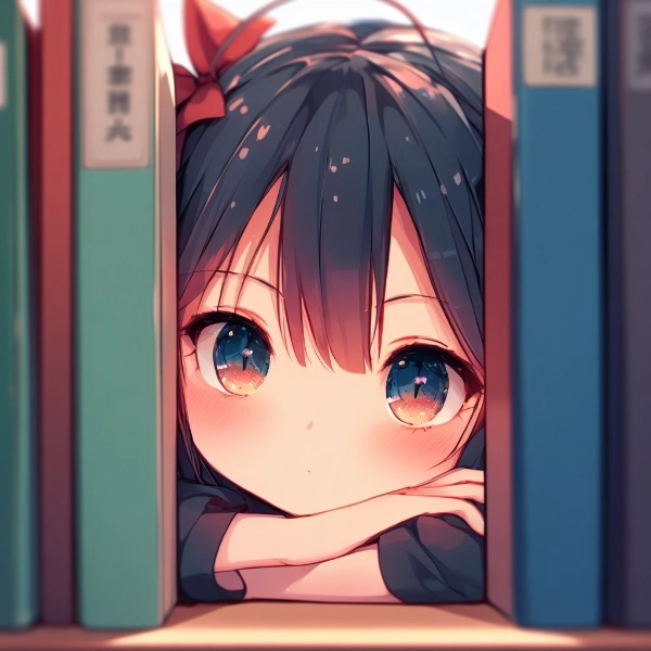 本と本の隙間から覗き込む女の子