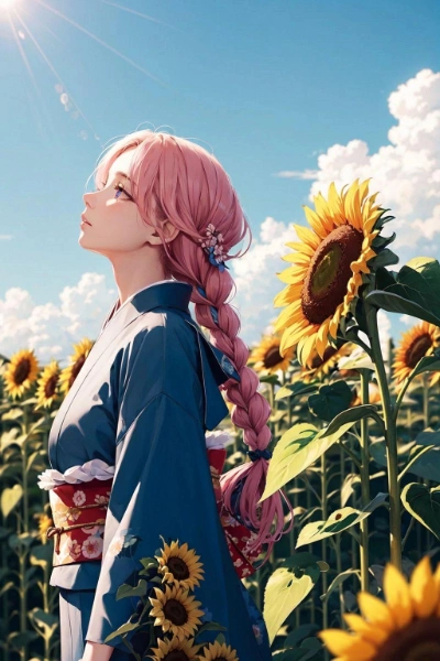 三つ編み　少女と向日葵