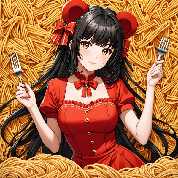 パスタの海に浮かぶ赤い少女