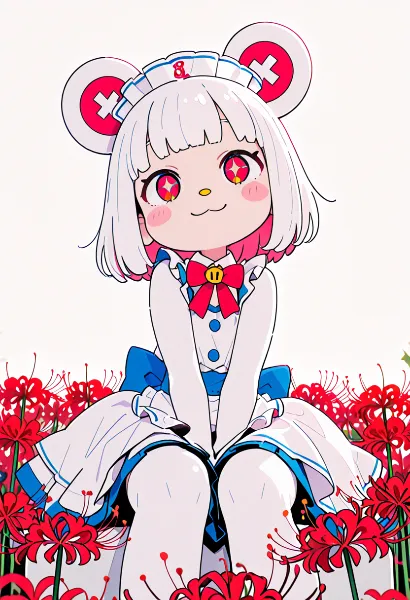 赤い花畑のクマ耳ナースの癒し