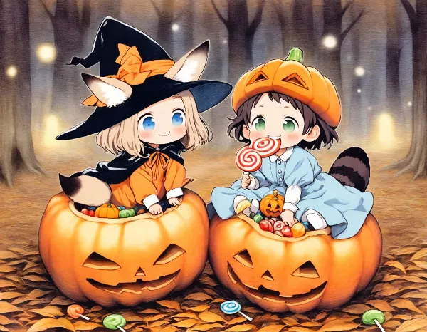 コン子とポン子・ハロウィンでキャンディを貰った