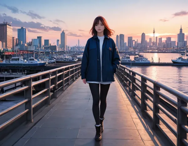 夕陽の港で未来を見つめる彼女