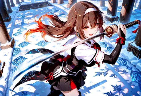 雪の古社で舞う紅炎の剣士