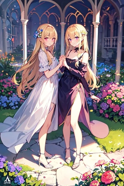 庭園に佇む金色の髪の姉妹