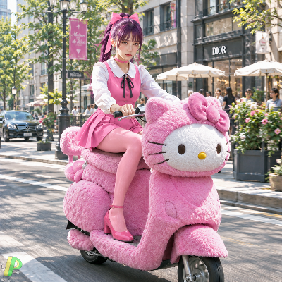 ハローキティ号で街を駆ける少女
