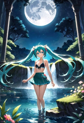 青い水着の少女と青い夜の森