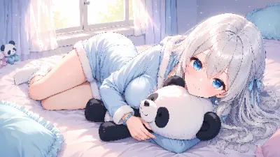 パンダのぬいぐるみとお昼寝