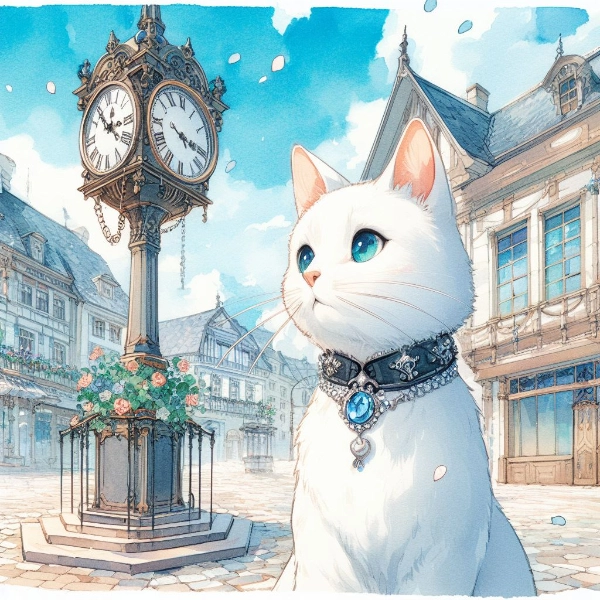 時計台と青い石の猫