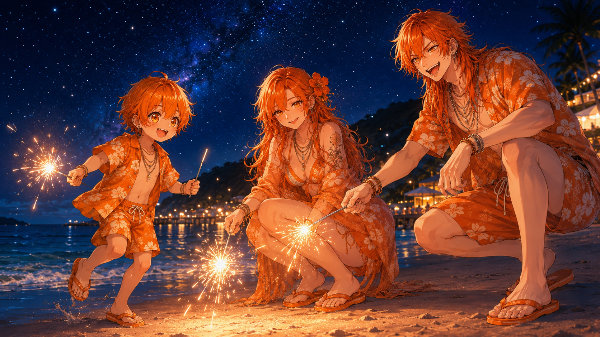 海で花火（レンジ親子）