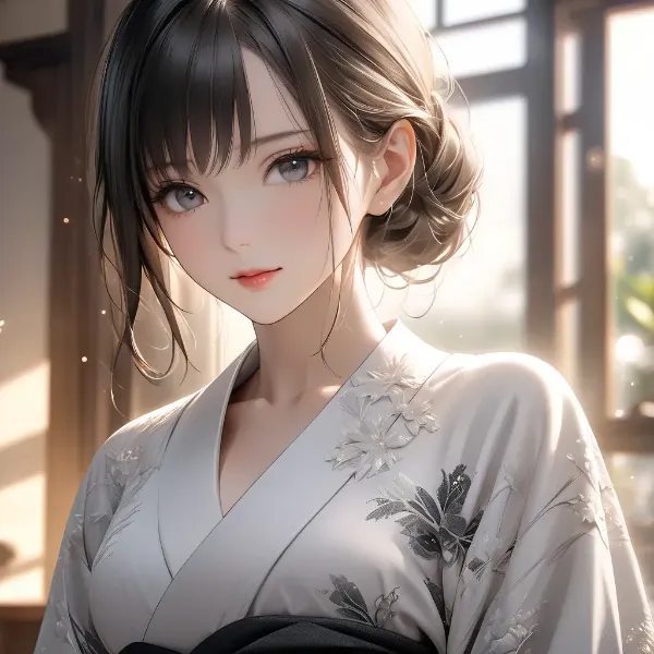 朝の光に輝く着物美人