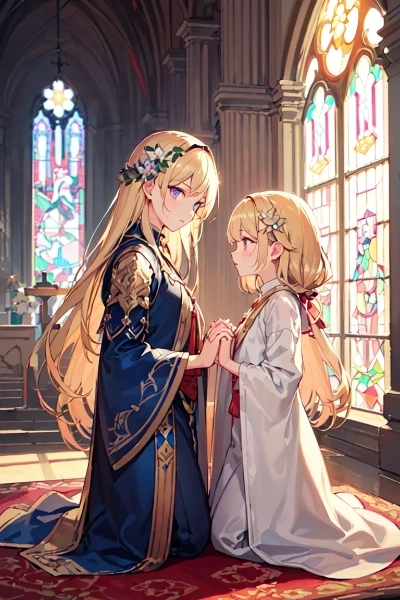 教会で祈りを捧げる金色の髪の姉妹