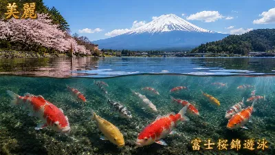 富士の桜湖に泳ぐ錦鯉の幻想