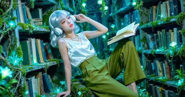 忘れ去られた魔法の図書館｜シルバーヘアの少女が古書と青い光に包まれる、神秘的なヴィンテージファンタジー