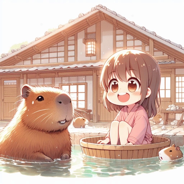 カピバラと女の子🤗カピバラさん温まって下さい