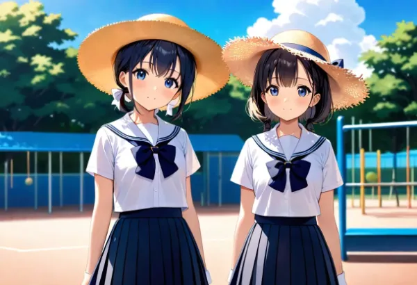 麦わら帽子をかぶったセーラー服の少女たち