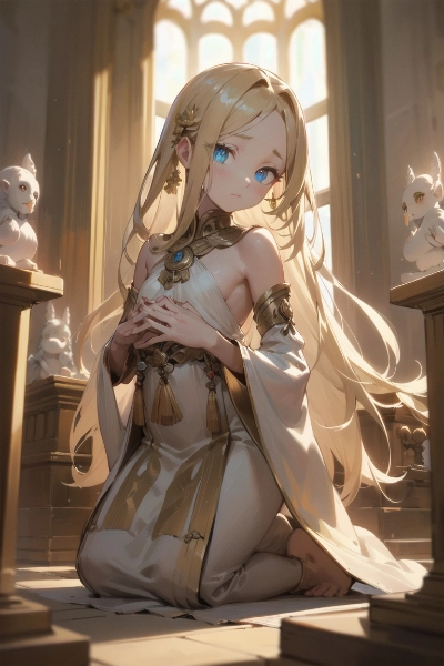 神殿で祈りを捧げる金色の髪の少女