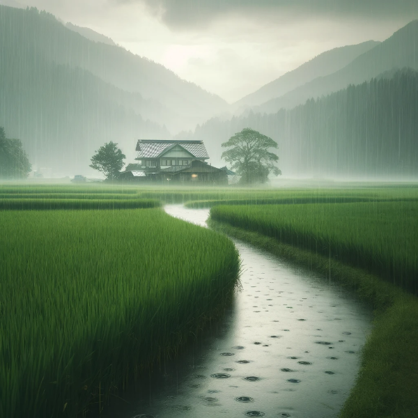 田園風景、田んぼに降り注ぐ優しい雨