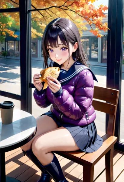 カフェでたい焼きを食べるJK