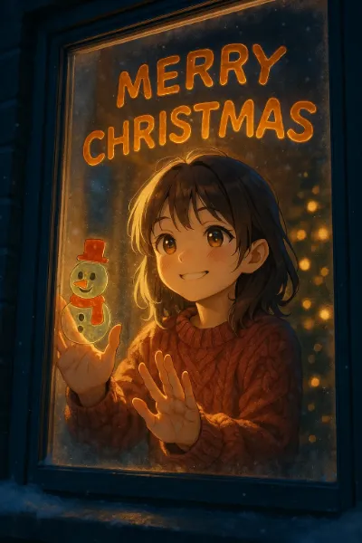 窓辺の雪だるまとクリスマスの微笑み