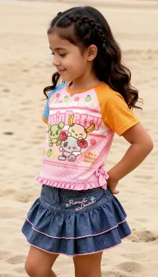 三色プリントTシャツとデニムフリルスカートのトロピカルコーデ