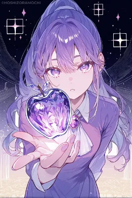 クリスタルアップルを持つ紫髪の魔女｜星空に輝くファンタジーアート
