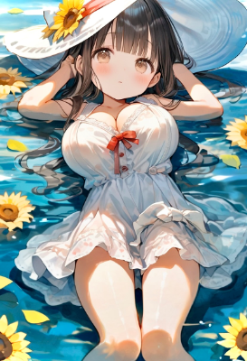 ヒマワリの花と水浴び少女