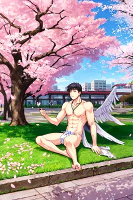 花見をする天使