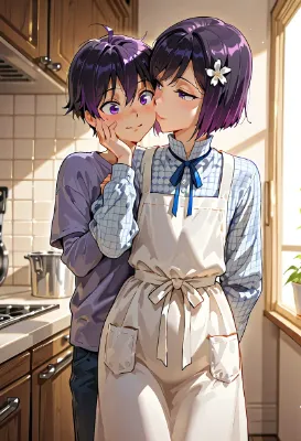 エプロン姿で弟にキスをするひまり