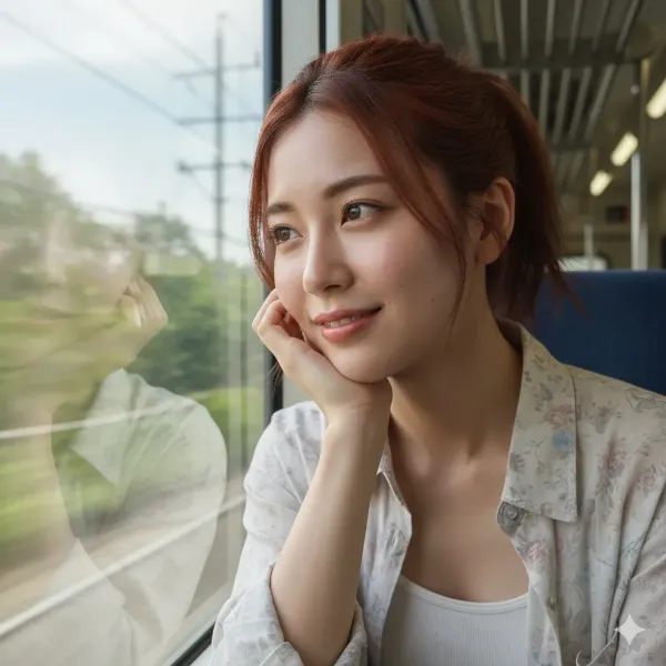 電車窓辺の微笑み、旅の予感