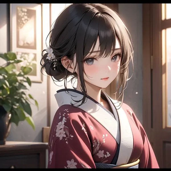 朝光に包まれた着物少女