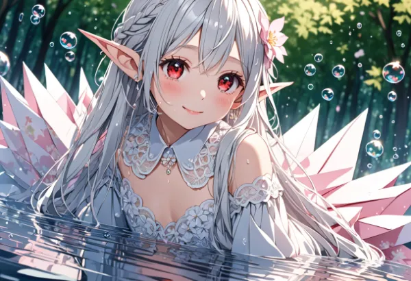 森の泉に浮かぶ銀髪の妖精