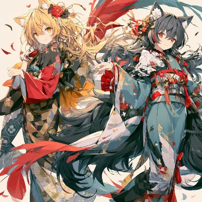紅葉の風に舞う狐耳の姉妹