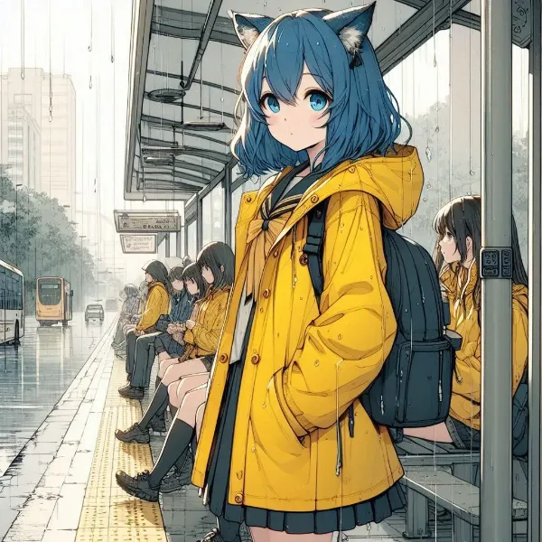 雨のバス停にて