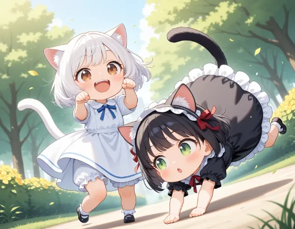 白猫と黒猫・お庭で遊んだ