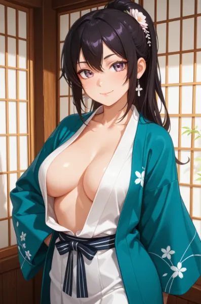 和室に輝く着物美人