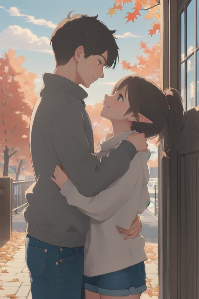 紅葉を背景に熱々な2人