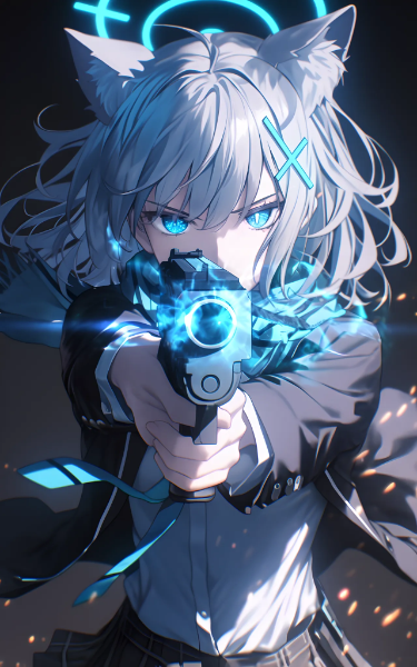 ピストルを構えて狙いを定めて撃つシロコ