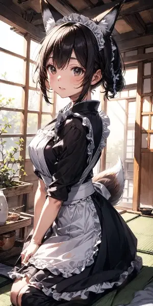 狐耳と狐尻尾の和メイドさん