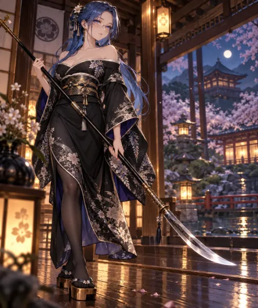 月夜の桜寺に佇む薙刀の女侍