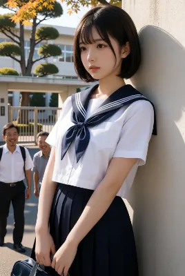 NSFWモデルの成人JKが思い人を校門で待っているシーン