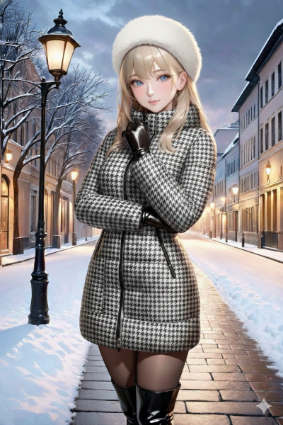 千鳥格子のダウンコート