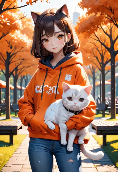 猫耳少女と白猫の秋風散歩