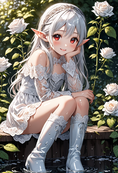 白いバラの庭で微笑むエルフの姫