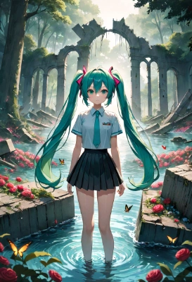 薔薇の花が咲く森の廃墟と少女
