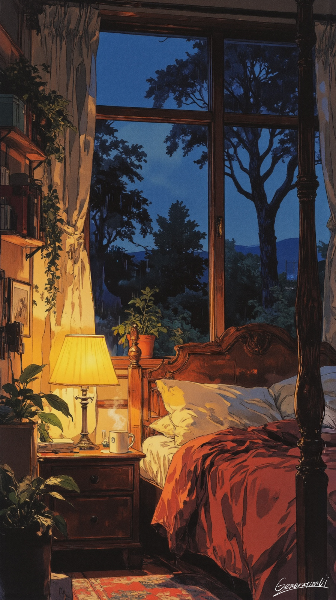 雨音に包まれたベッドルーム／スマホ壁紙アーカイブ