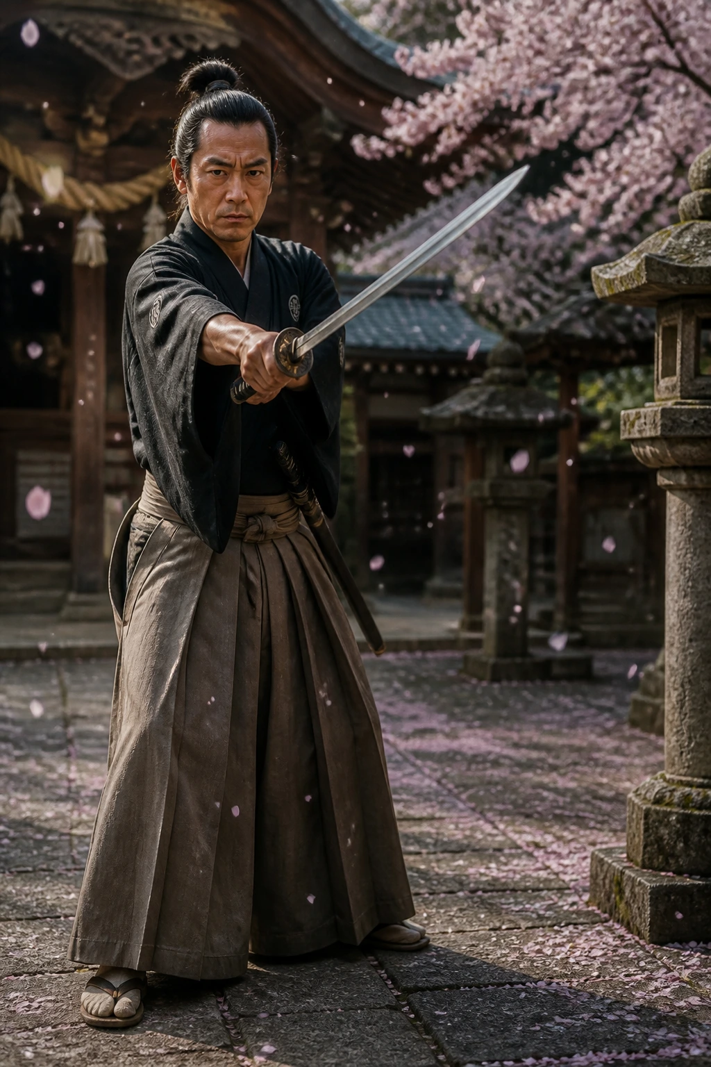 Samurai in chūdan-no-kamae stance, both hands gripping the katana correctly. 
Au