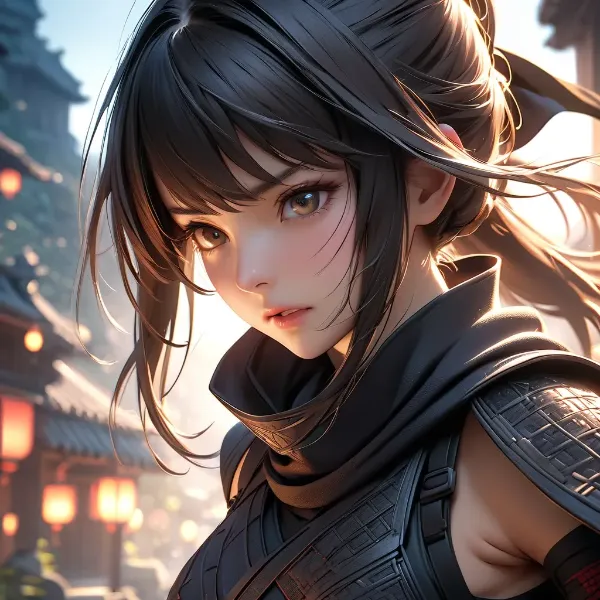 夕暮れの黒髪忍者少女