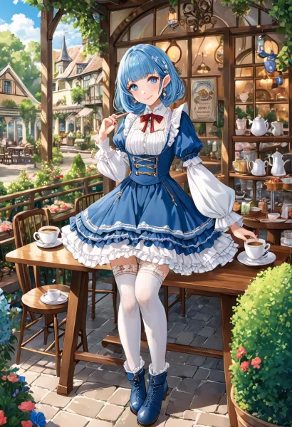 青髪少女の魔法のカフェ休憩