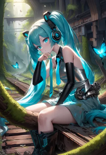 森の中の廃線路で青いリボンを持つミク