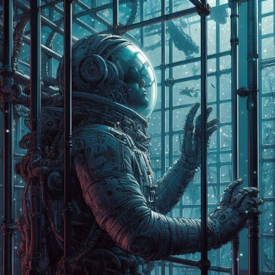 檻の中に何も無いことに気づき途方に暮れてその檻の前で立ち尽くす宇宙飛行士のSFでファンタジーなイラスト